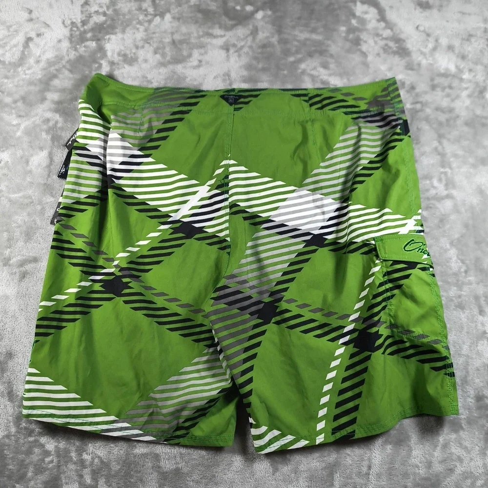 Oneill Board Shorts Mens 42 Green Embroidered‎ Plaid Y2K Swim Trunks Surf New